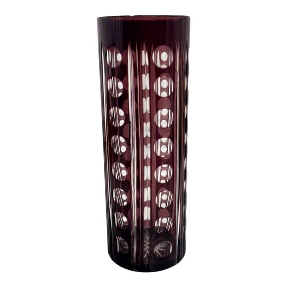 Vintage Hand Cut Bohemian Crystal Vase  Circles Lines Geometric In Deep Amethyst - Picture 2 of 5